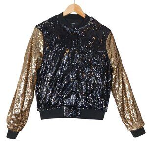 Forever 21, Sequin Bomber Jacket, Medium, Black Body, Gold Sleeves, Snap Closure
